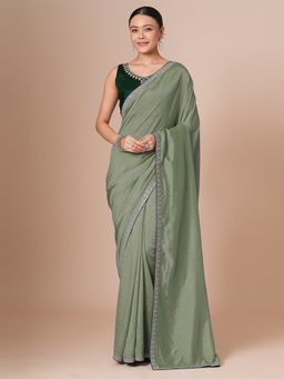 Akhilam - Green Women's Vicitra Silk Embellished Saree with Unstitched Blouse
