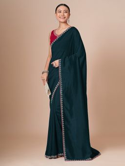 Akhilam - Teal Women's Vicitra Silk Embellished Saree with Unstitched Blouse