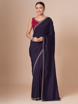 Akhilam - Navy Blue Women's Vicitra Silk Embellished Saree with Unstitched Blouse