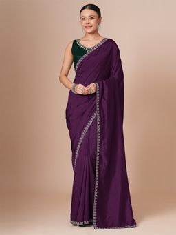 Akhilam - Burgundy Women's Vicitra Silk Embellished Saree with Unstitched Blouse