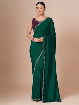 Akhilam - Green Women's Vicitra Silk Embellished Saree with Unstitched Blouse