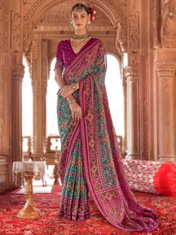 Akhilam - Blue Women's Silk Blend Printed Saree with Unstitched Blouse