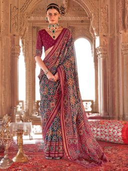 Akhilam - Navy Blue Women's Silk Blend Printed Saree with Unstitched Blouse