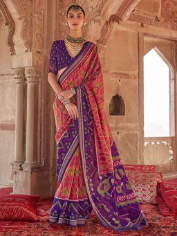 Akhilam - Peach Women's Silk Blend Printed Saree with Unstitched Blouse