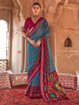 Akhilam - Blue Women's Silk Blend Printed Saree with Unstitched Blouse