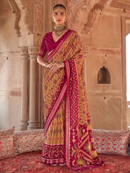 Akhilam - Mustard Women's Silk Blend Printed Saree with Unstitched Blouse