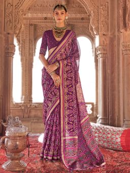 Akhilam - Purple Women's Silk Blend Printed Saree with Unstitched Blouse