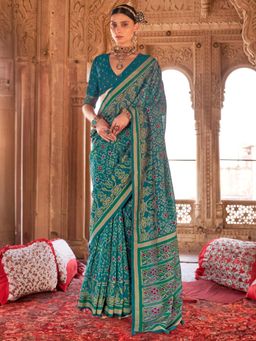 Akhilam - Teal Women's Silk Blend Printed Saree with Unstitched Blouse