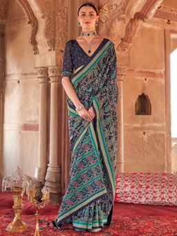 Akhilam - Navy Blue Women's Silk Blend Printed Saree with Unstitched Blouse