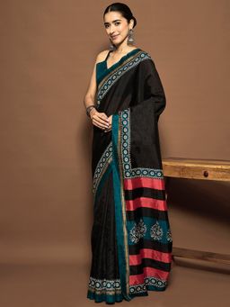 Akhilam - Black Women's Bhagalpuri Silk Printed Pre Drape Saree with Unstitched Blouse