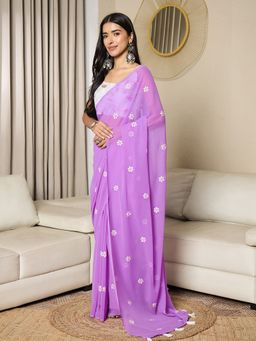Akhilam - Lavender Women's Georgette Embroidery Pre Drape Saree with Unstitched Blouse