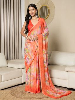 Akhilam - Orange Women's Chiffon Printed Pre Drape Saree with Unstitched Blouse