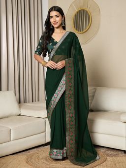 Akhilam - Green Women's Georgette Embellished Pre Drape Saree with Unstitched Blouse