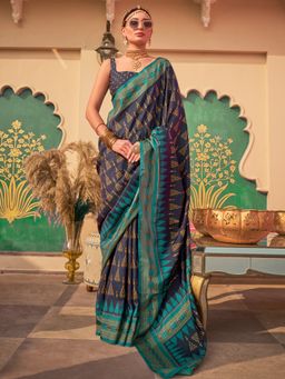 Akhilam - Navy Blue Women's Silk Blend Woven Saree with Unstitched Blouse