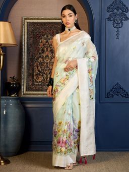 Akhilam - Green Women's Cotton Blend Woven Saree with Unstitched Blouse