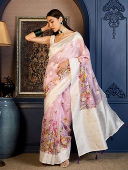 Akhilam - Pink Women's Cotton Blend Woven Saree with Unstitched Blouse