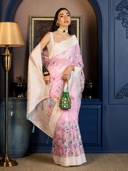 Akhilam - Pink Women's Cotton Blend Woven Saree with Unstitched Blouse