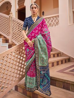 Akhilam - Pink Women's Silk Blend Printed Saree with Unstitched Blouse