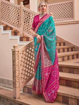 Akhilam - Turquoise Women's Silk Blend Printed Saree with Unstitched Blouse