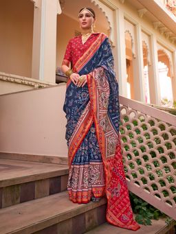 Akhilam - Navy Blue Women's Silk Blend Printed Saree with Unstitched Blouse