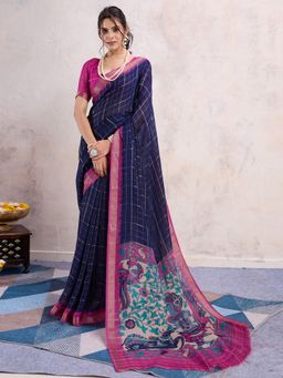 Akhilam - Navy Blue Women's Georgette Printed Saree with Unstitched Blouse