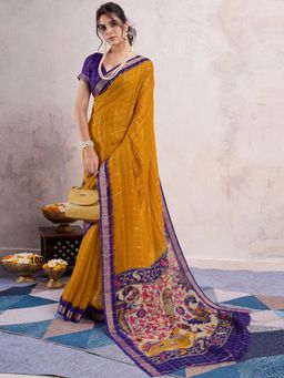 Akhilam - Mustard Women's Georgette Printed Saree with Unstitched Blouse