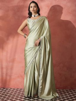 Akhilam - Green Women's Satin Silk Embellished Saree with Unstitched Blouse