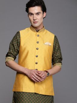 Manyavar - Mustard Sleeveless Mandarin Collar Nehru Jacket