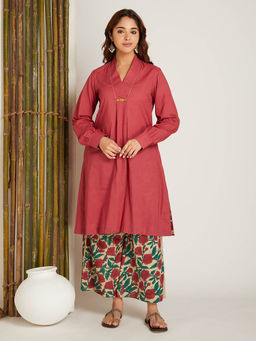 Shri Sanyogini - Box Pleated Solid Neck Red Kurta With Palazzo (Set of 2)