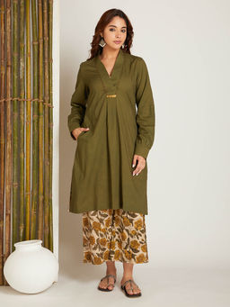 Shri Sanyogini - Box Pleated Neck Solid Olive Kurta With Palazzo (Set of 2)