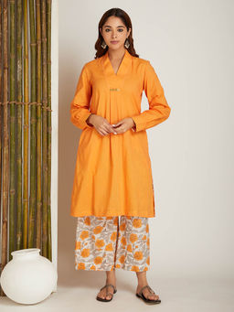 Shri Sanyogini - Box Pleated Neck Orange Kurta With Palazzo (Set of 2)