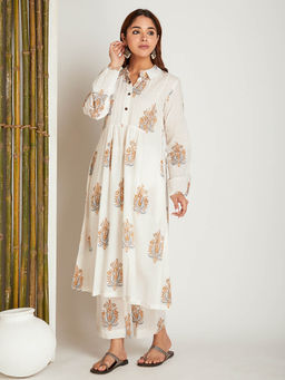 Shri Sanyogini - Block Printed A-Line Off White Co-Ord (Set of 2)