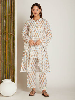 Shri Sanyogini - Orange Block Printed A-Line High And Low Hem Kurta With Pant (Set of 2)