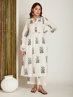 Shri Sanyogini - Block Printed A-Line White Co-Ord (Set of 2)