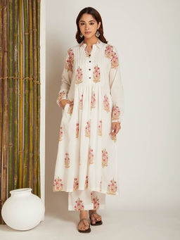 Shri Sanyogini - Block Printed A-Line Off White Pintuck Detailing Co-Ord (Set of 2)