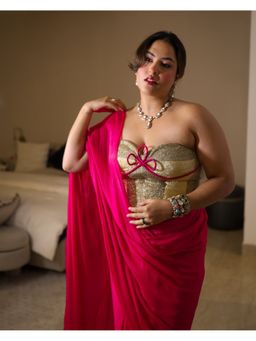 REETI ARNEJA - Pink Cosmo Pre-Draped Saree with Stitched Blouse