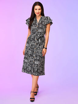 Globus - Women Black Abstract A-Line Summer Midi Dress With Belt Tie-Up