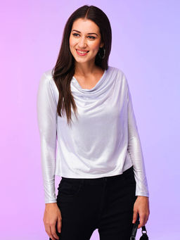 Globus - Women White Cowl Neck Long Sleeves Shimmer Knitted Party Top