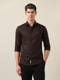 U.S. POLO ASSN. - Men's Brown Vertical Striped Cotton Shirt