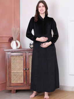 Secret Wish - Solid Black Velvet Maternity Nighty Full Length