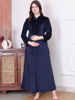 Secret Wish - Solid Navy Blue Velvet Maternity Nighty Full Length