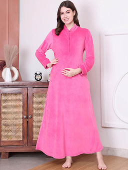 Secret Wish - Solid Pink Velvet Maternity Nighty Full Length