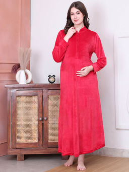 Secret Wish - Solid Red Velvet Maternity Nighty Full Length