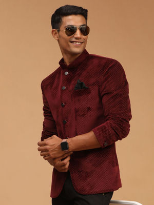 Men’s Maroon Velvet Christmas Embroidered Blazer – Reindeer & Snowflake Handwork Festive Party Jacket