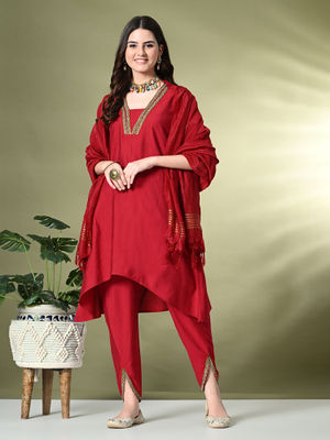 RFSS1215 - Red printed Kurta with Bell Sleeves. Comes with white printed Dhoti Pants