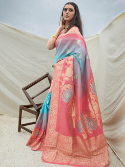 Akhilam - Blue & Pink Festive Wear Banarasi Woven Saree With Unstitched Blouse with Unstitched