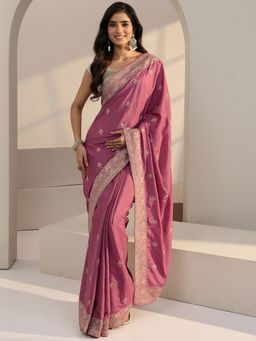 Libas - Pink Floral Zari Embroidered Saree with Unstitched Blouse