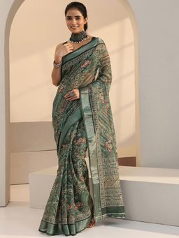 Libas - Green Paisley Printed Saree with Unstitched Blouse