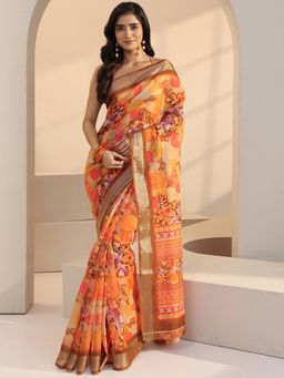 Libas - Orange Floral Printed Saree with Unstitched Blouse