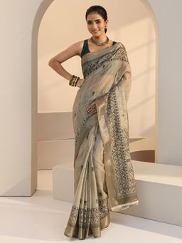Libas - Beige Floral Motif Printed Saree with Unstitched Blouse